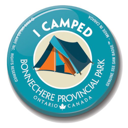 A blue button with an orange and blue tent on it.