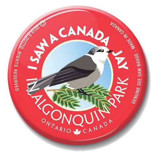 A button with a bird on it that says i saw a canada jay in algonquin park.