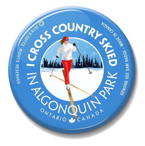 A button with a picture of a woman skiing.