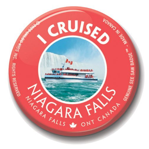 A red button with the words " i cruised niagara falls ".