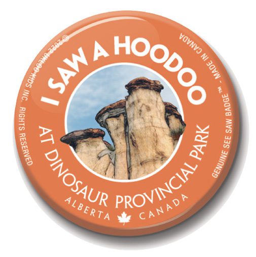 A button with an image of the dinosaur provincial park.