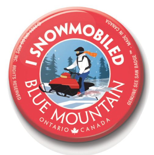 A red button with a man riding a snow mobile.