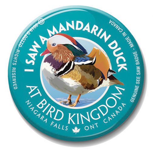 A button with an image of a bird and the words " i saw mandarin duck at bird kingdom ".