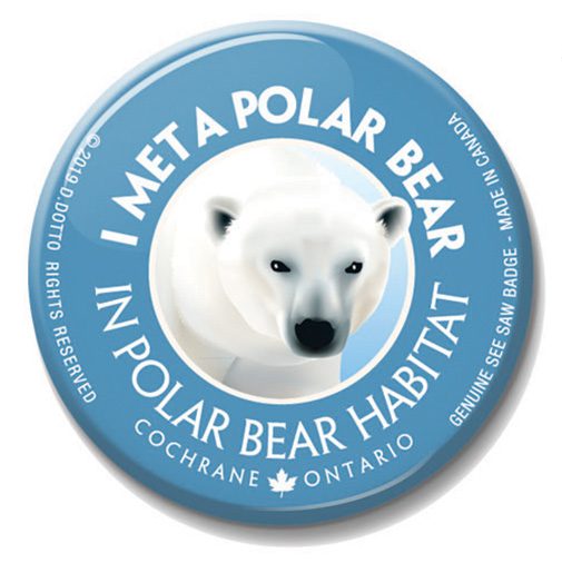 A polar bear button with the words " i met a polar bear in polar bear habitat ".