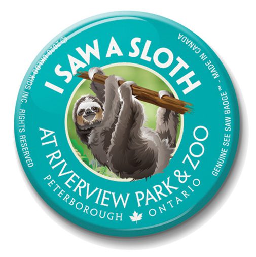 A button with a picture of a sloth hanging on to a tree branch.