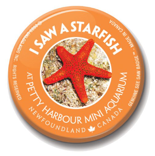 A button with an orange star fish on it.