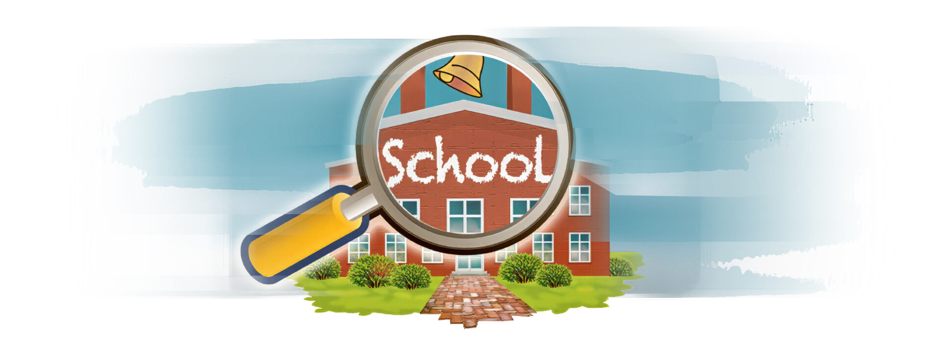 A magnifying glass over the word school.