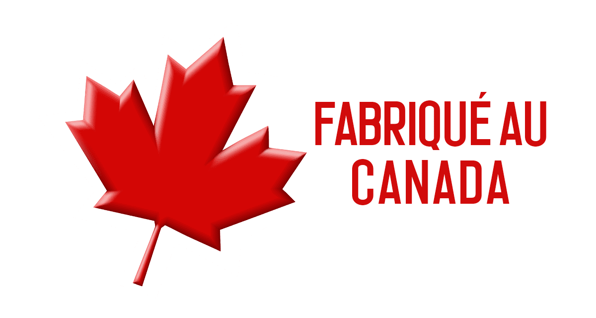 Canadian-made product label with a red maple leaf and text.